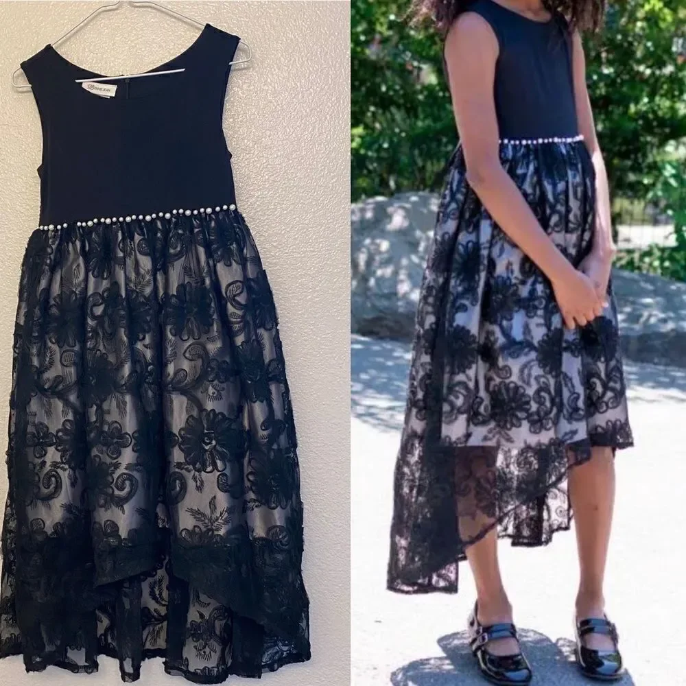 Bonnie Jean Girls formal special occasion dress Hi-Low lace embroidered -7/8